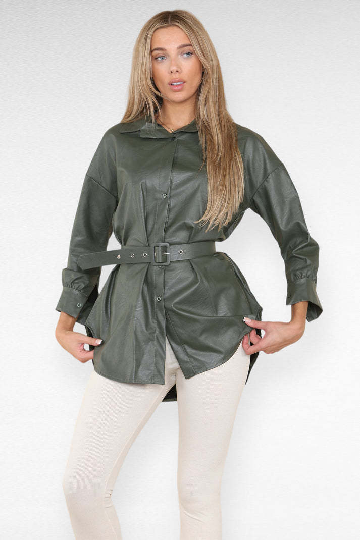WW | Belted PU Leather Shirt Dress