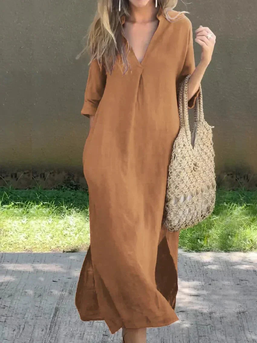 WW | Schlichte Leinenkleid mit V-Ausschnitt und Tasche