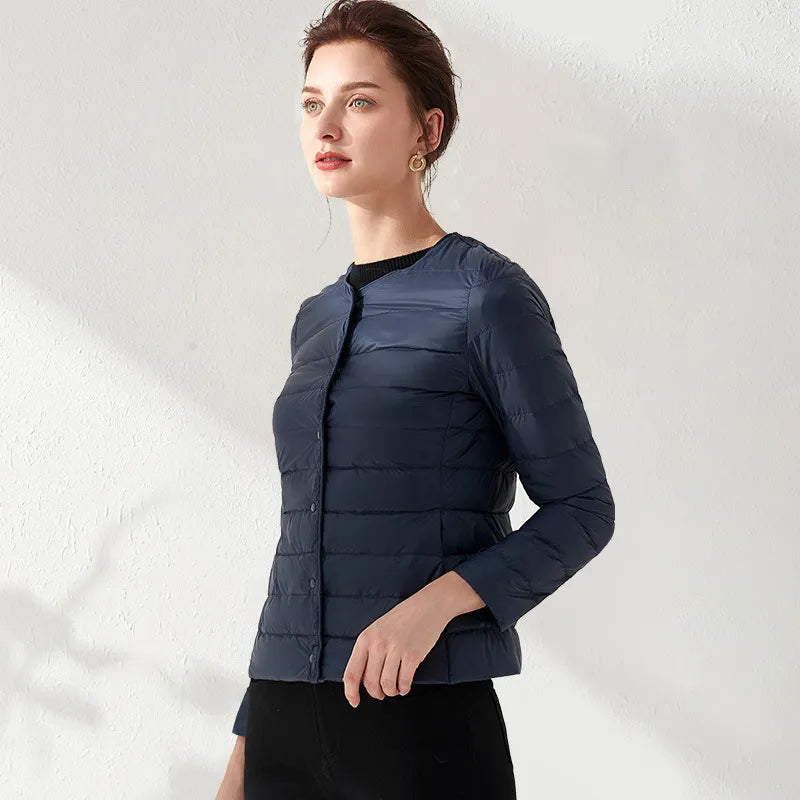 WW | Lightweight, collarless, and form-fitting quilted jacket for women