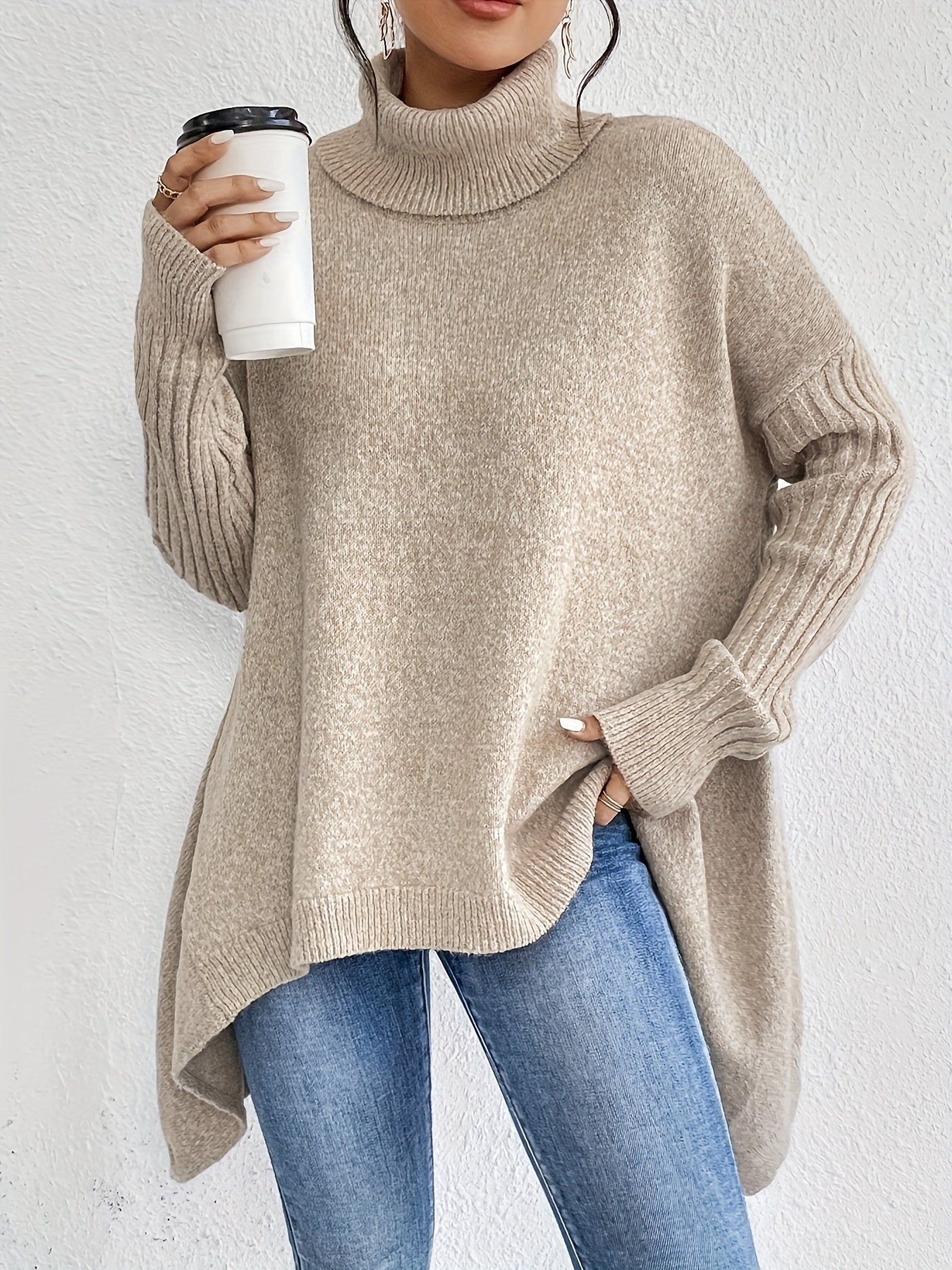 WW | Baumwoll-Rollkragenpullover mit asymmetrischem Saum und langen Ärmeln Pullover Damen - Perfekt für den Alltag