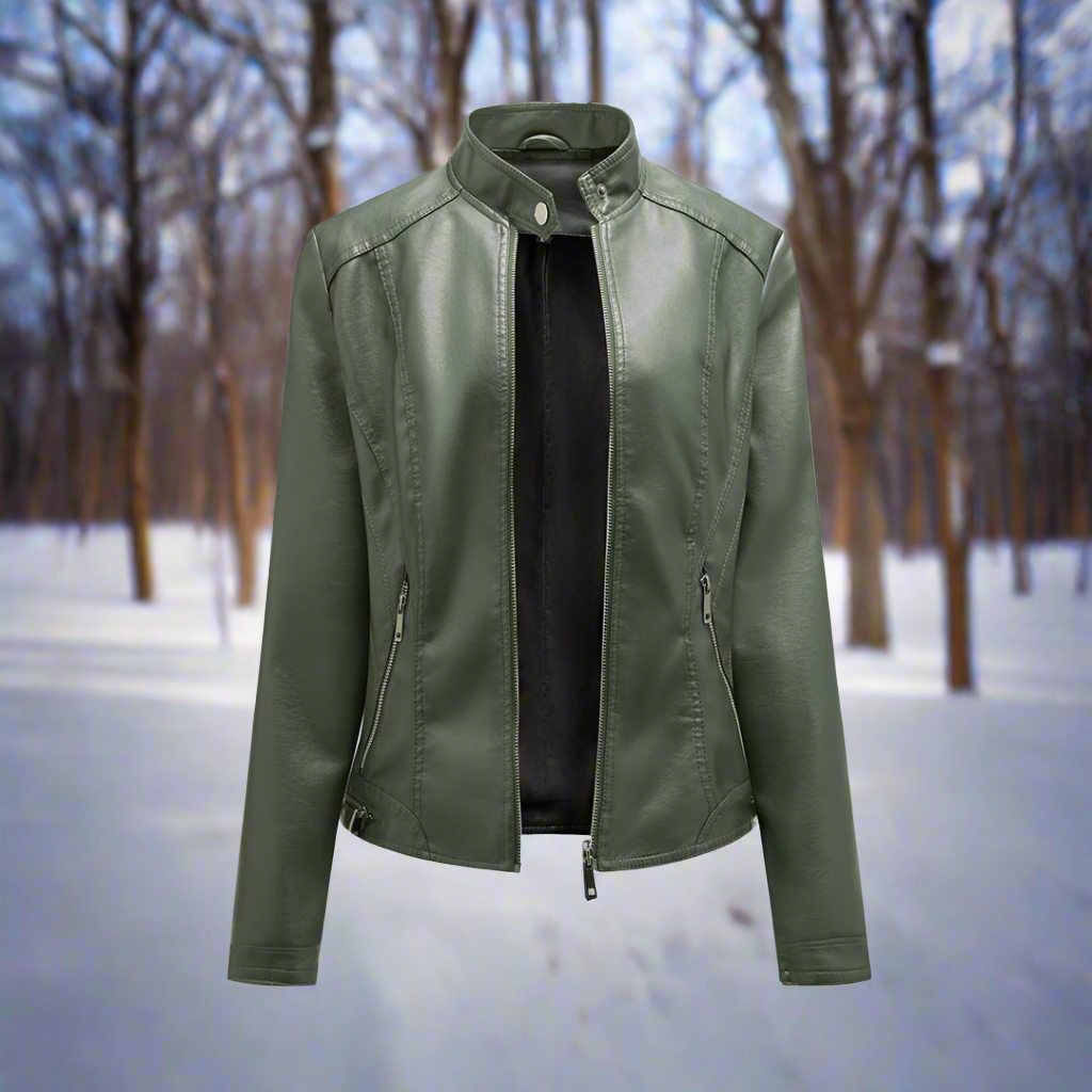 WW | Lederjacke Biker Stil Reißverschluss Stehkragen Slim Fit