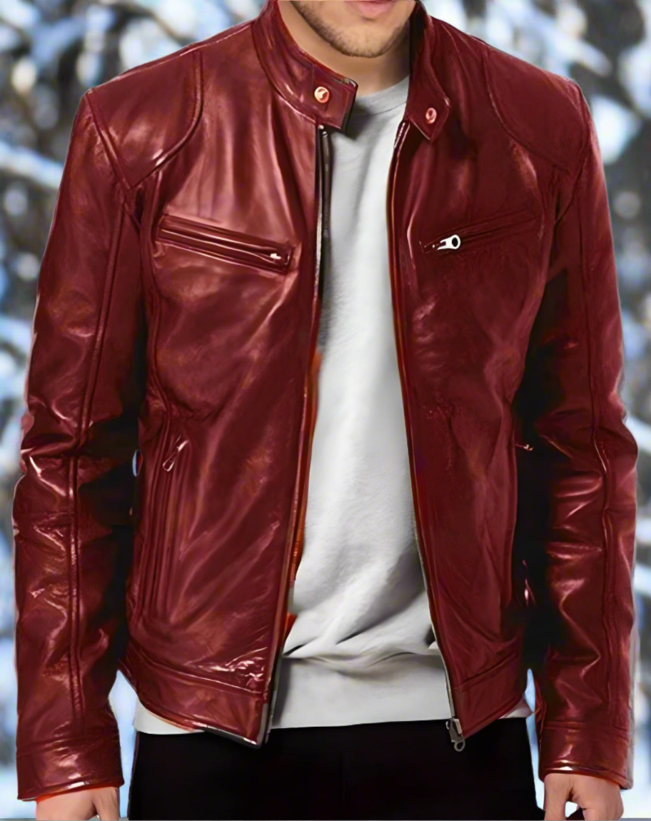 WW | Lederjacke Slim Fit Stehkragen Mit Druckknopf Reißverschlusstaschen Zeitloser Stil