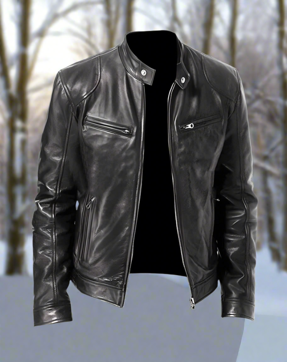 WW | Lederjacke Slim Fit Stehkragen Mit Druckknopf Reißverschlusstaschen Zeitloser Stil