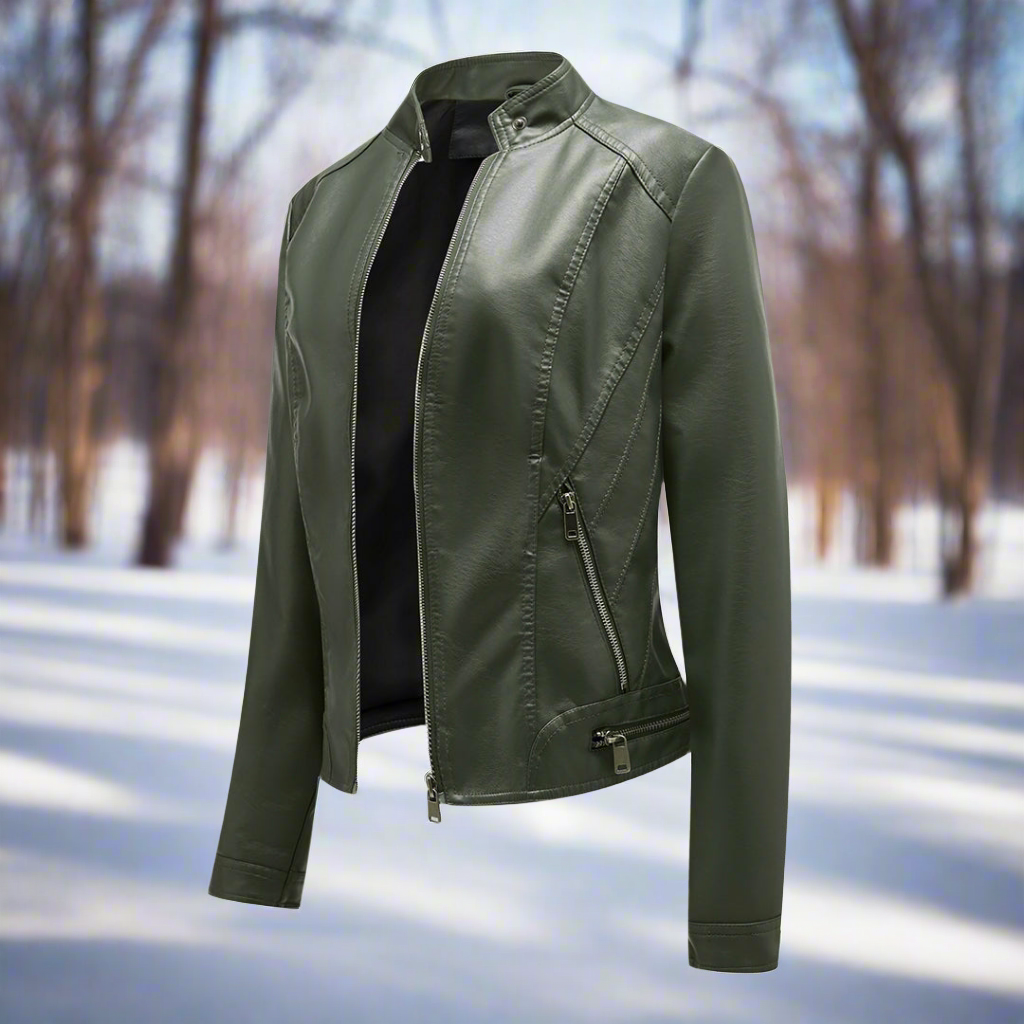 WW | Lederjacke Biker Stil Reißverschluss Stehkragen Slim Fit
