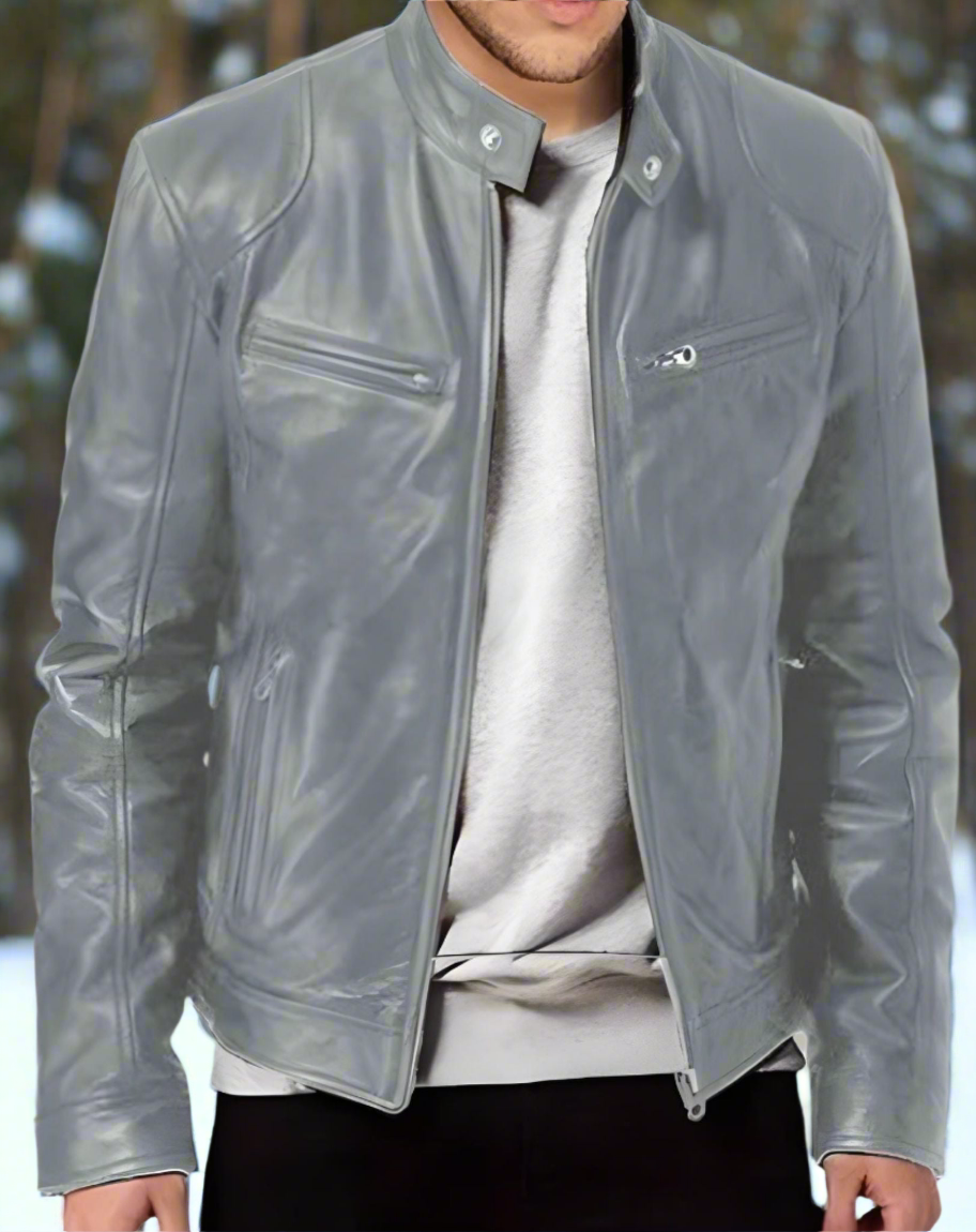 WW | Lederjacke Slim Fit Stehkragen Mit Druckknopf Reißverschlusstaschen Zeitloser Stil