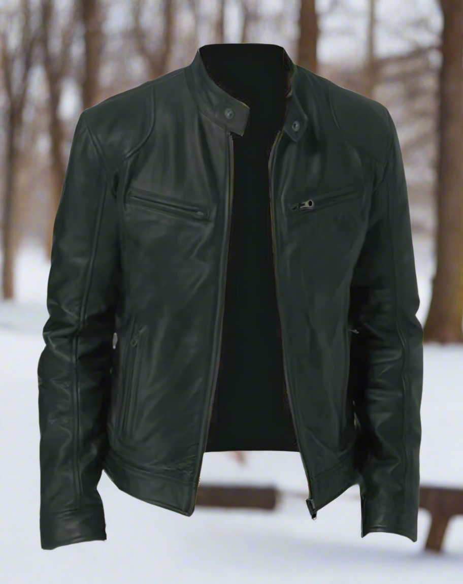 WW | Lederjacke Slim Fit Stehkragen Mit Druckknopf Reißverschlusstaschen Zeitloser Stil