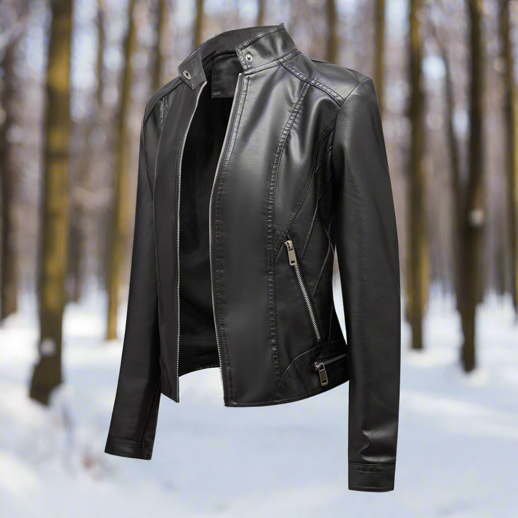 WW | Lederjacke Biker Stil Reißverschluss Stehkragen Slim Fit