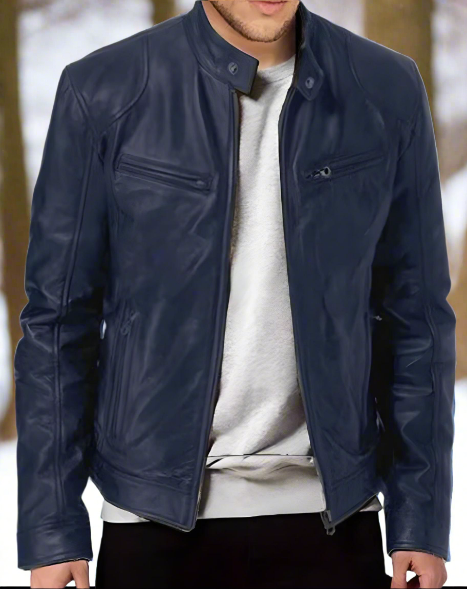 WW | Lederjacke Slim Fit Stehkragen Mit Druckknopf Reißverschlusstaschen Zeitloser Stil