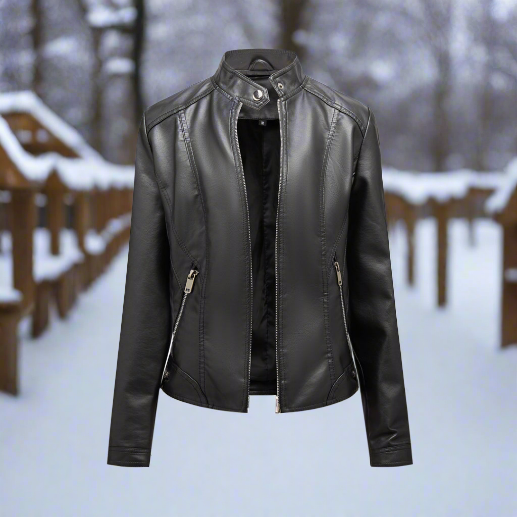 WW | Lederjacke Biker Stil Reißverschluss Stehkragen Slim Fit
