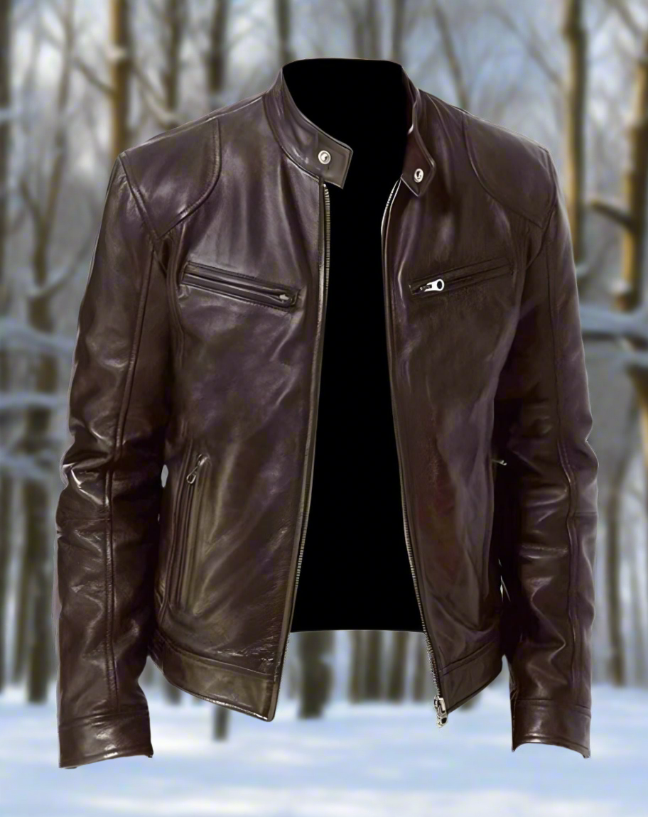 WW | Lederjacke Slim Fit Stehkragen Mit Druckknopf Reißverschlusstaschen Zeitloser Stil