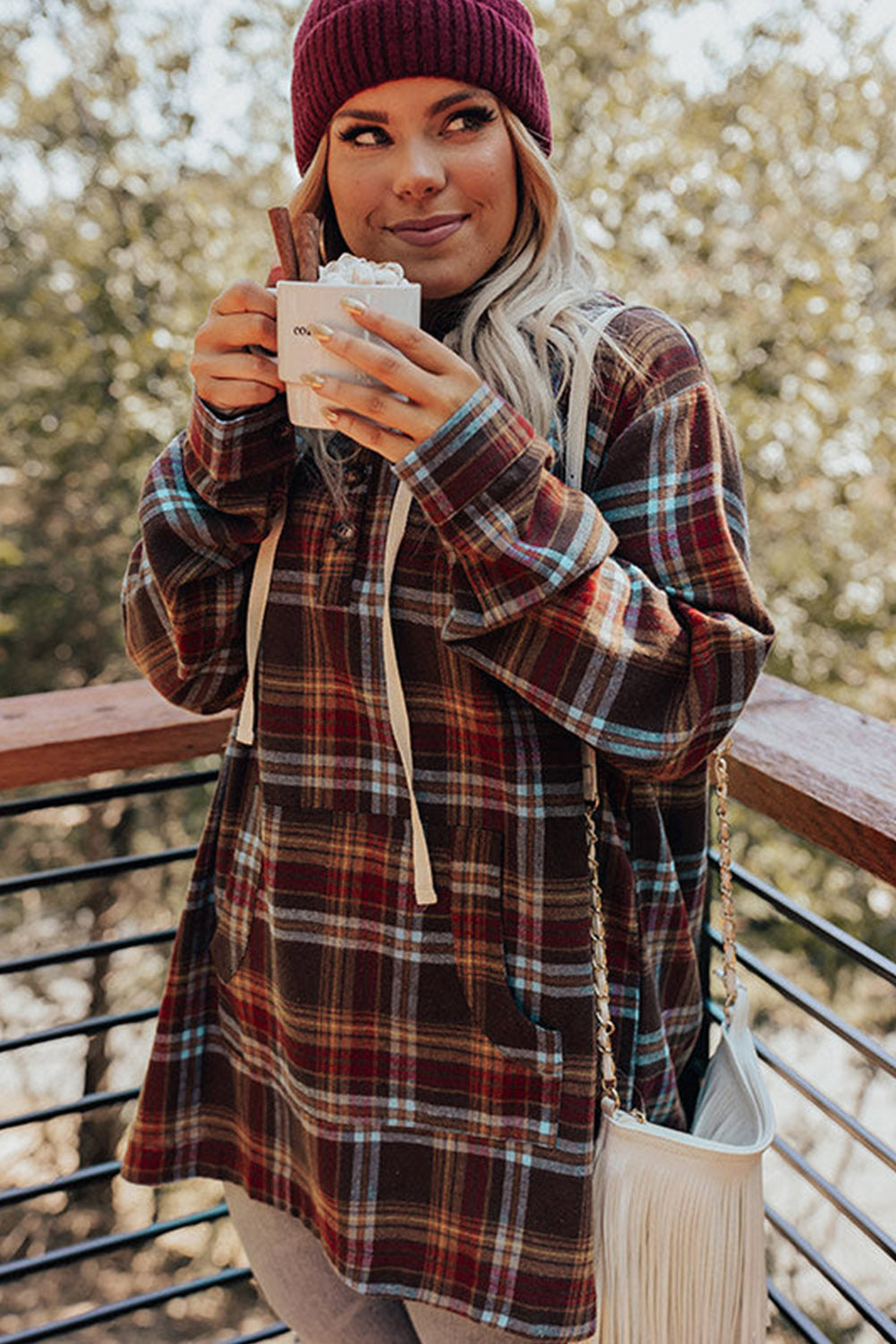 WW | Fiery Red Plus-Size Plaid Kangaroo Pocket Drawstring Hoodie