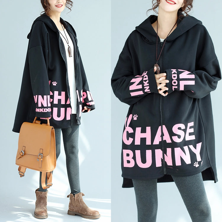 WW | lockere schwarze Baumwolle Kapuzenmäntel Winter lässig Oversize Druck Outwear
