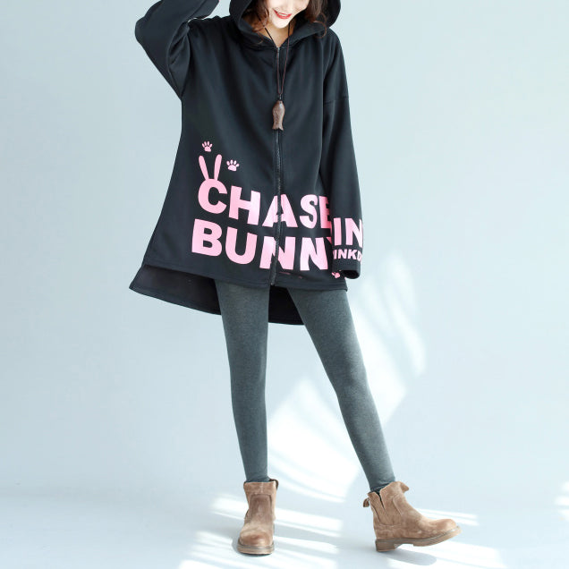 WW | lockere schwarze Baumwolle Kapuzenmäntel Winter lässig Oversize Druck Outwear