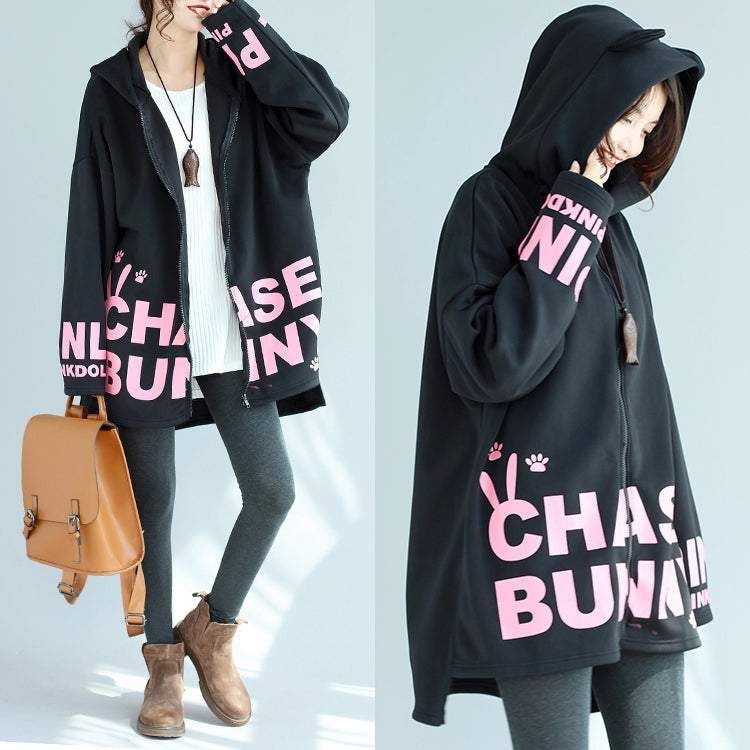 WW | lockere schwarze Baumwolle Kapuzenmäntel Winter lässig Oversize Druck Outwear