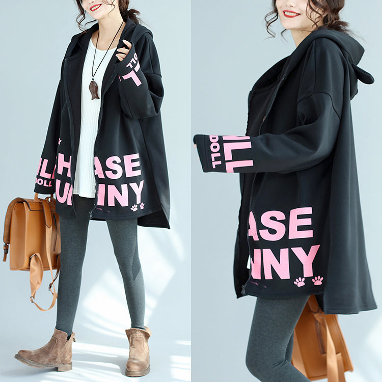 WW | lockere schwarze Baumwolle Kapuzenmäntel Winter lässig Oversize Druck Outwear