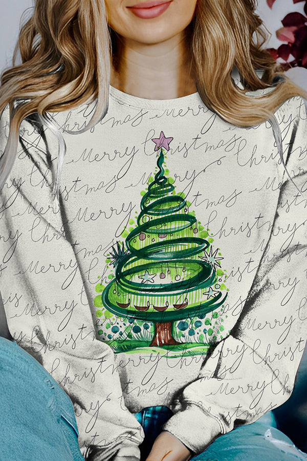 WW | Bedruckter Weihnachtskontrastfarbe Langarm-Pullover Sweatshirt