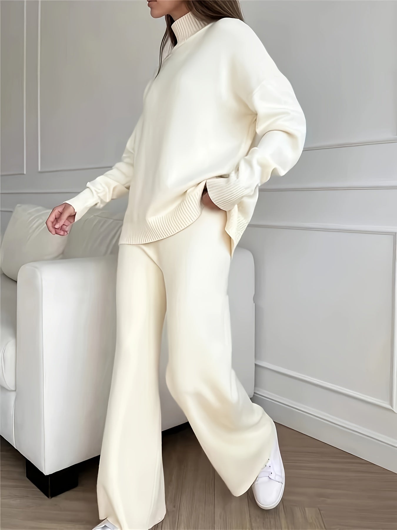 WW | Solid Turtleneck Sweater & Knit Pants Outfit Set for Women - Perfect for Casual Days