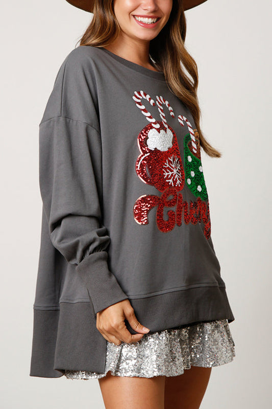WW | Christmas Candy Cup Sequins Casual Loose Sweatshirt