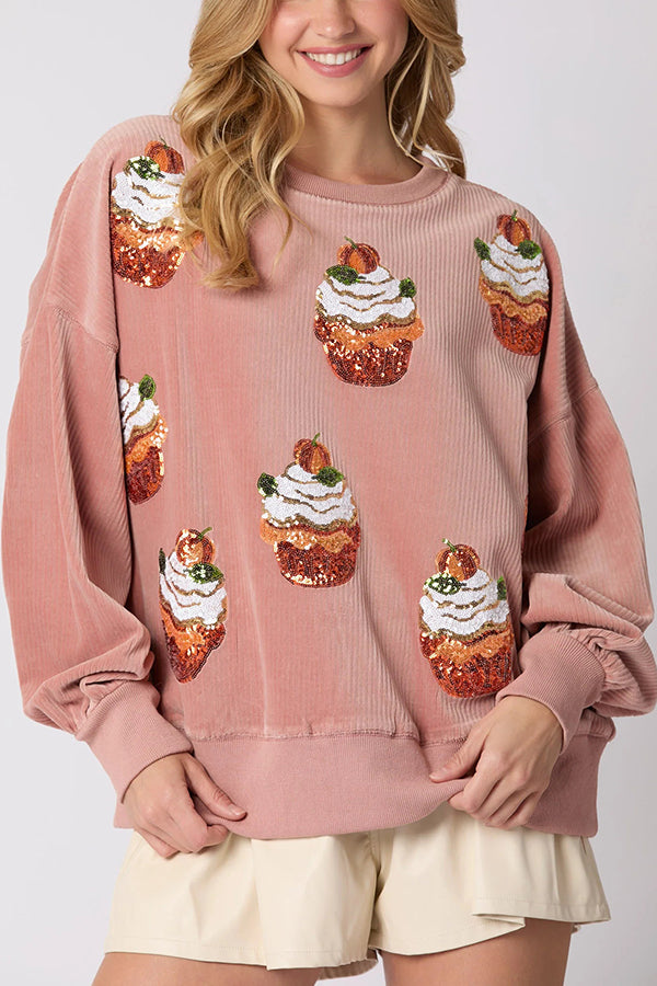 WW | Weihnachts-Pumpkin-Kuchen Pailletten Rundhals lockeres Sweatshirt