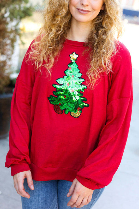 WW | Christmas Tree Holiday Sequin Casual Loose Sweatshirt