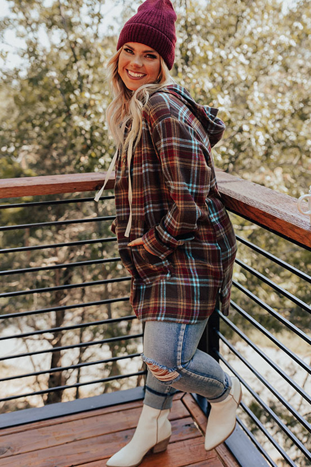 WW | Fiery Red Plus-Size Plaid Kangaroo Pocket Drawstring Hoodie