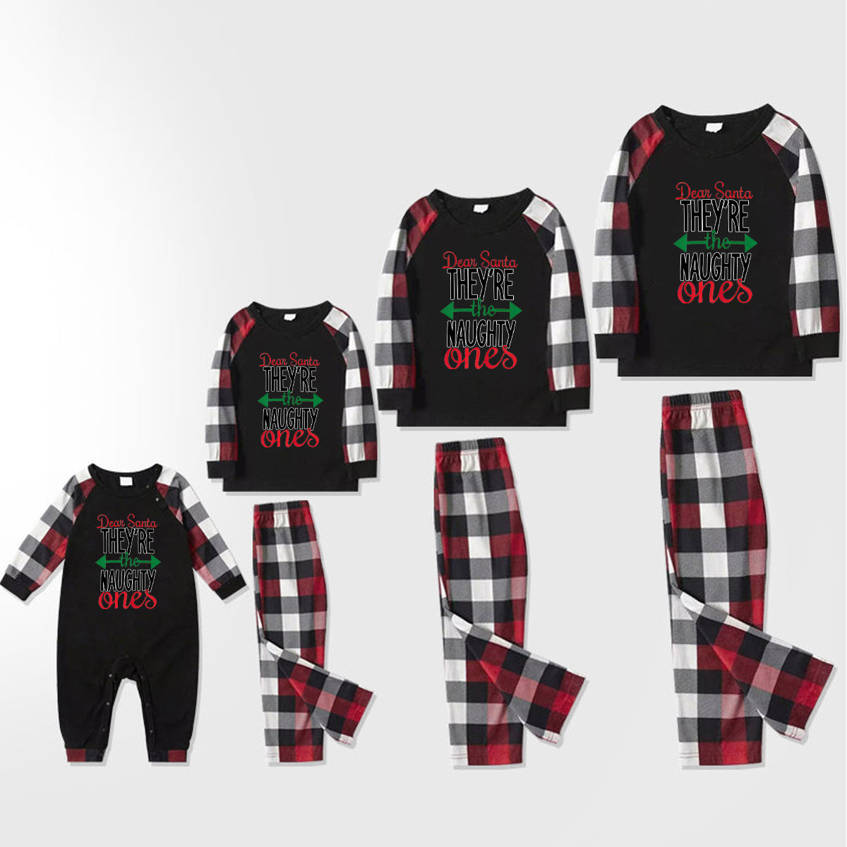 WW | Dear Santa You are the Naughty' Print Casual Long Sleeve Sweatshirts Contrast Tops and Red & Black & White Plaid Pants Family Matching Pajama Set with Dog Bandana
