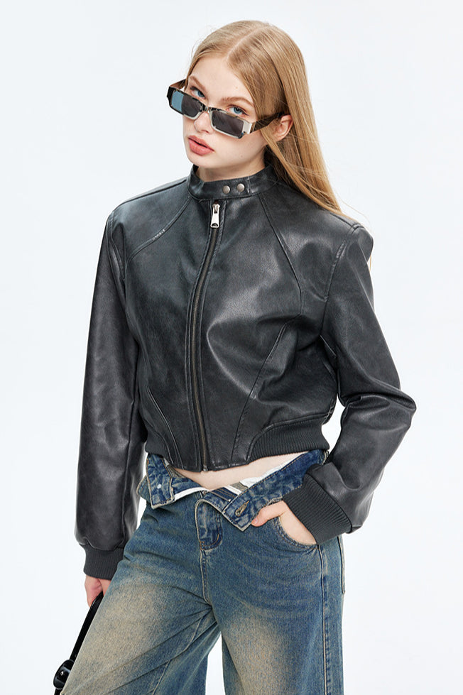 WW | Leder Zip-Up Bomberjacke