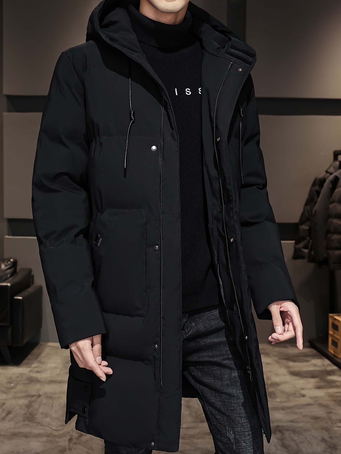 WW | Black Padded Long Hooded Cotton Winter Jacket for Men - Perfect for Outdoor Activities