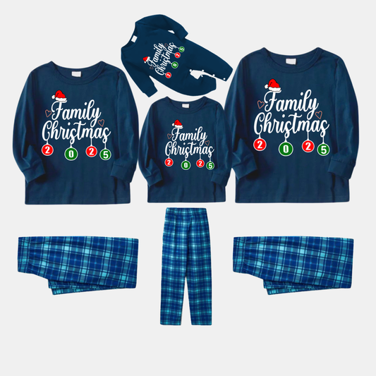 WW | "Family Christmas 2025" Letter Print Blue Long Sleeve Shirt With Blue Plaid Matching Family Pajamas