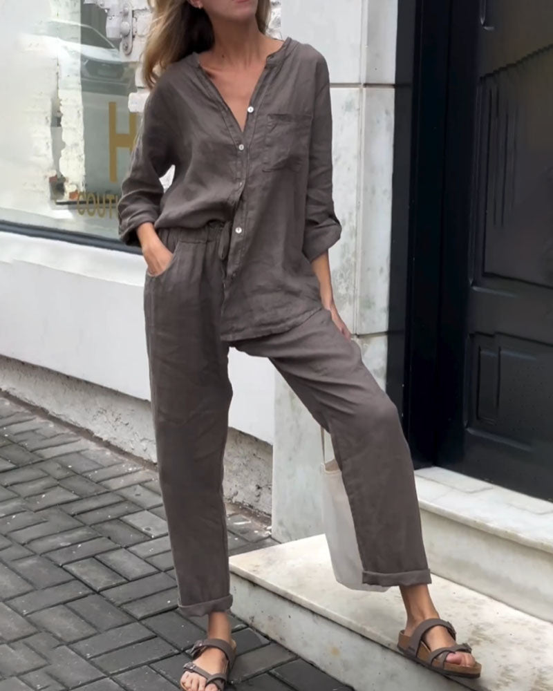V-neck shirt and cotton trousers