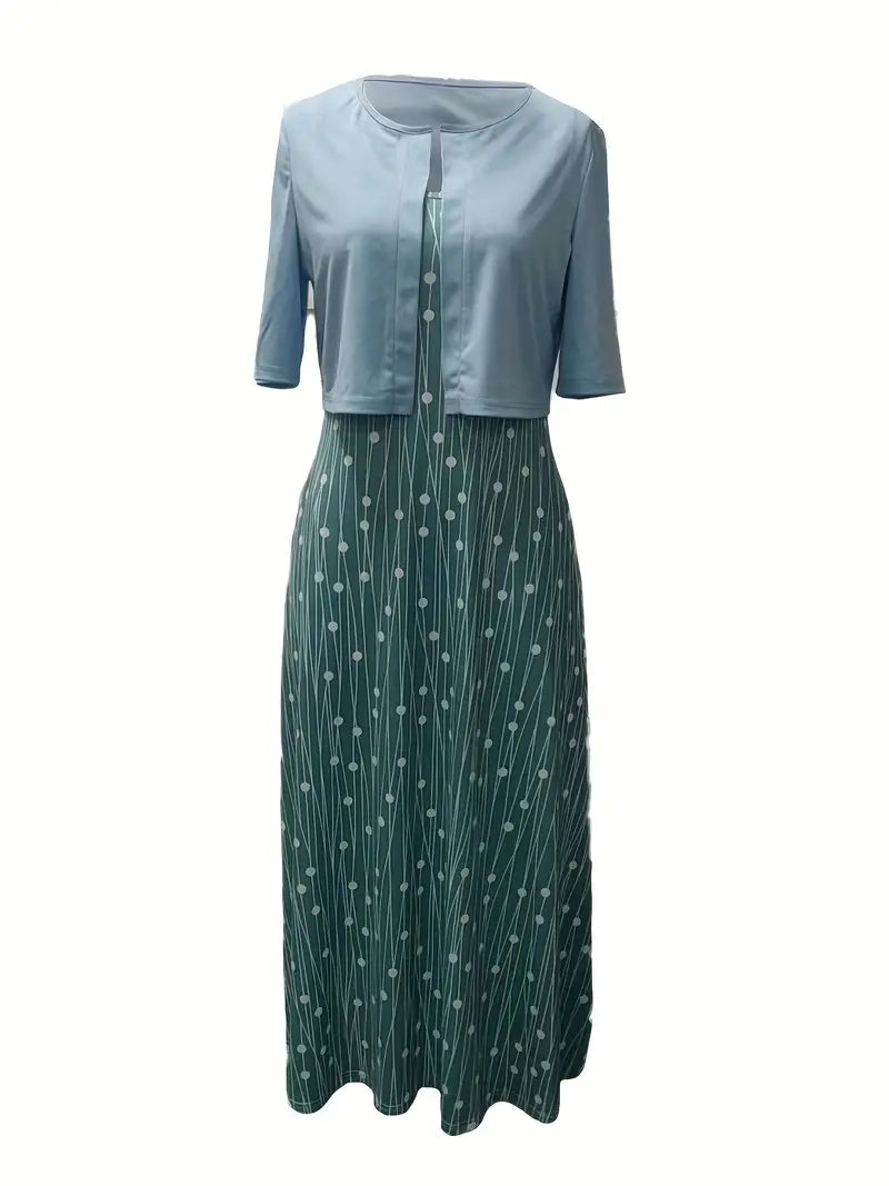 WW | Elegante Zweiteilige Blumenkleid-Set mit Einfarbigem Crop-Top und Rundhalskleid
