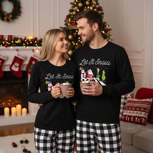 WW | Couple Black and White Plaid Christmas Pajama Set with Santa and Cartoon Pattern Print