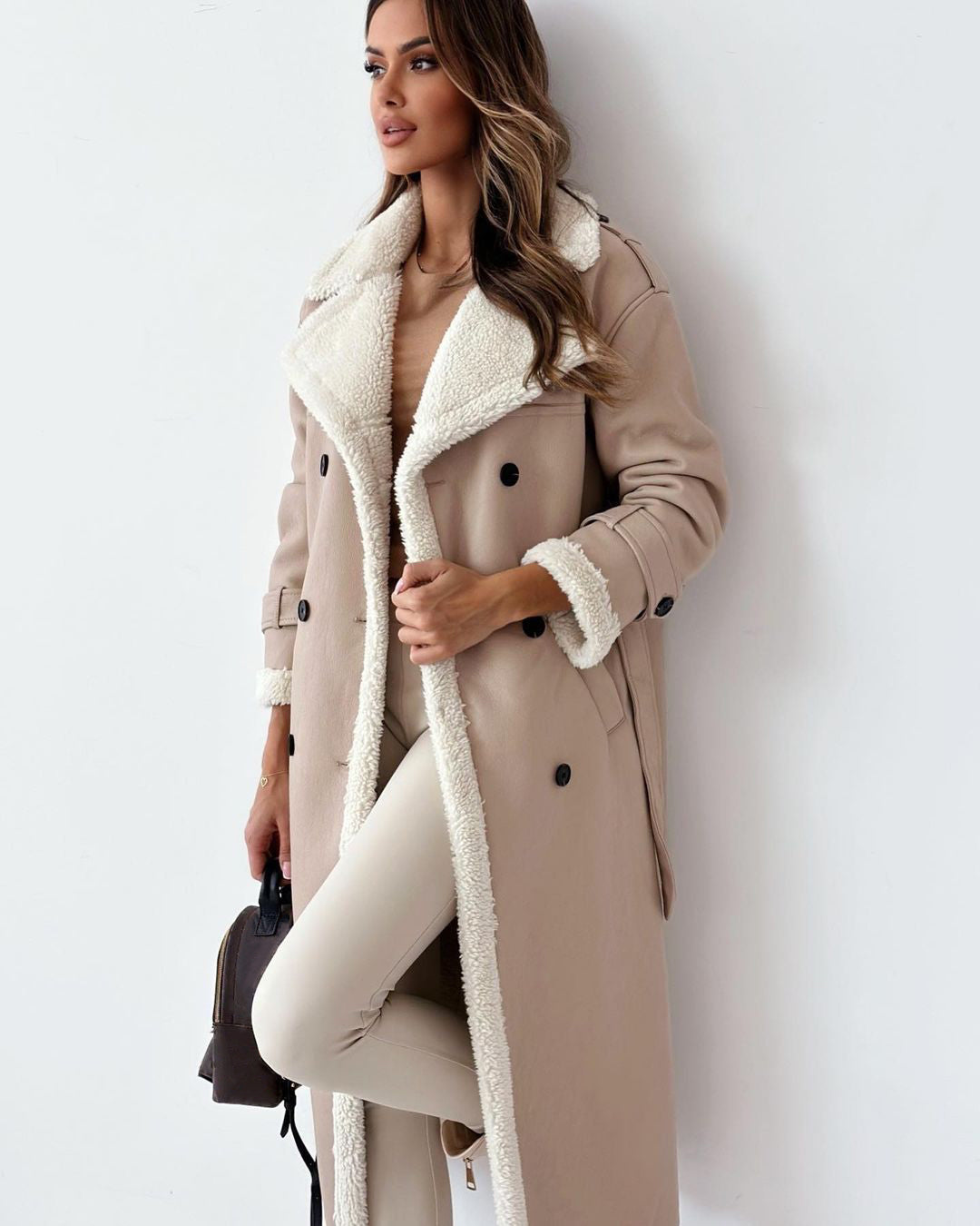 WW | Women's Long Coat – Oversized Fit – Leather Look – Plush Lined – Belt Closure