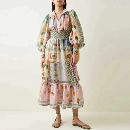 WW | Bohemian Maxi Dress with Patchwork and Fruit Motifs