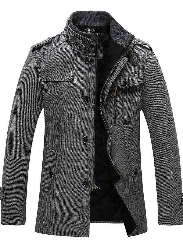 WW | Langer Wollmantel Mit Reißverschluss Und Knopf Für Herren - Perfekt für alltägliche Outfits