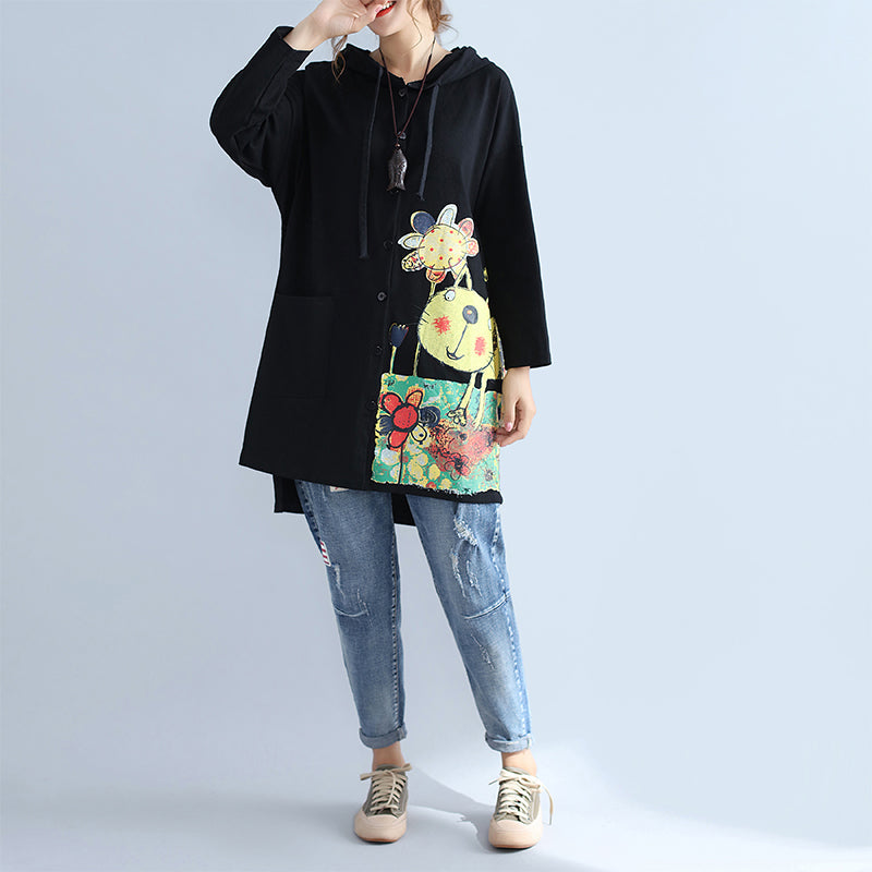 WW | Warm Cotton Hooded Jacket Prints Oversized Long Sleeve Trench Coats