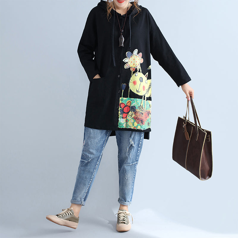 WW | Warm Cotton Hooded Jacket Prints Oversized Long Sleeve Trench Coats