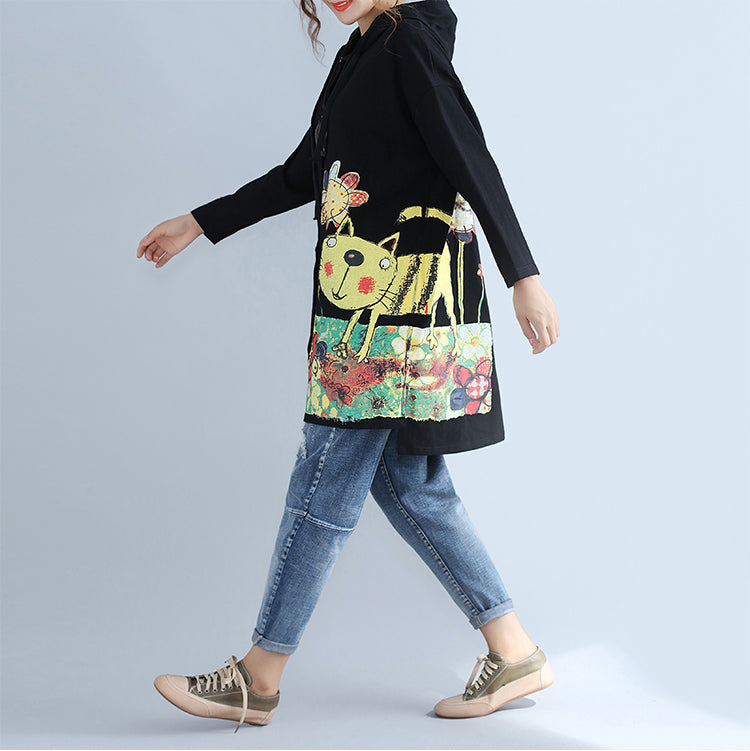 WW | Warm Cotton Hooded Jacket Prints Oversized Long Sleeve Trench Coats