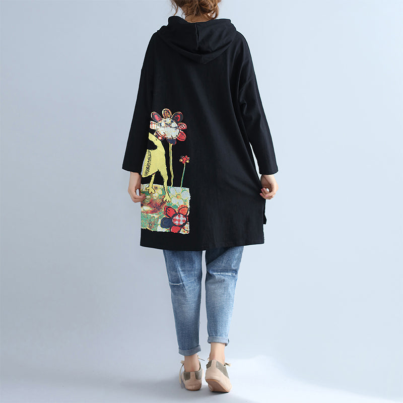 WW | Warm Cotton Hooded Jacket Prints Oversized Long Sleeve Trench Coats