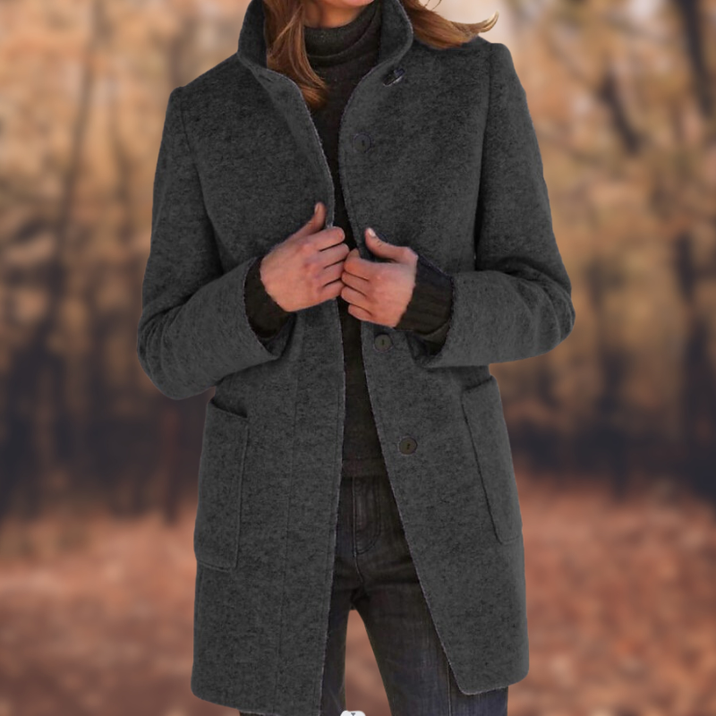 WW | Women's Coat – Wool Blend – Mid-Length Fitted – Button Closure with Pockets