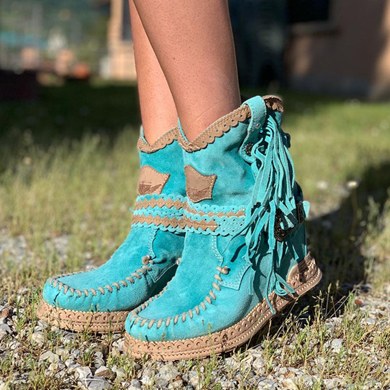 WW | Stiefeletten Mit Westernfransen Wadenhoch Einzigartiges Azurblaues Design