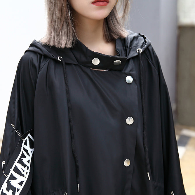 WW | Women's Oversize Black Hooded Coat Batwing Sleeve Asymmetrical Design Coats