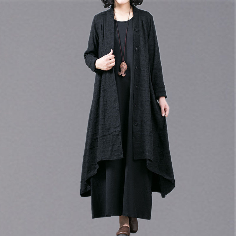 WW | schwarzer Jacquardmäntel oversize baggy großer Saum asymmetrisches Design Outerwear Damen Patchwork Maxi-Mantel