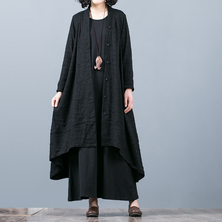 WW | schwarzer Jacquardmäntel oversize baggy großer Saum asymmetrisches Design Outerwear Damen Patchwork Maxi-Mantel