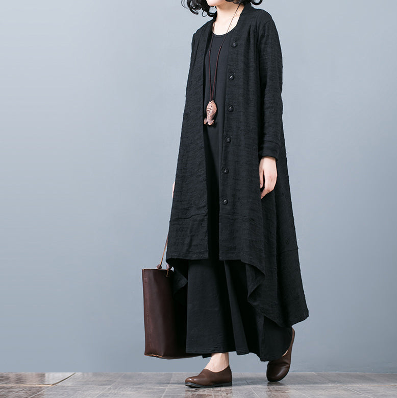 WW | schwarzer Jacquardmäntel oversize baggy großer Saum asymmetrisches Design Outerwear Damen Patchwork Maxi-Mantel