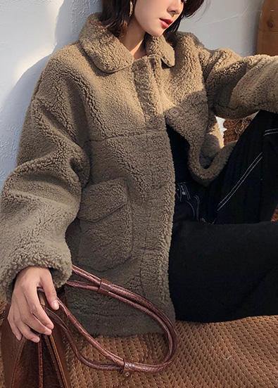 WW | Brown Wool Oversized Mid-Length Jackets Winter Coats Lapel Collar