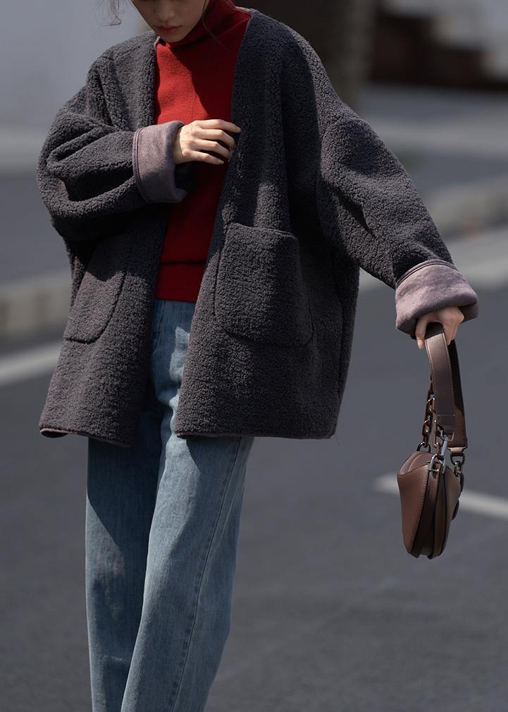 WW | Dark Grey Wool Coats Casual Winter Jackets V-Neck Pockets Women's Coats