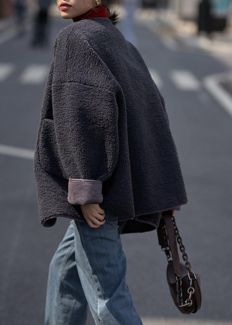 WW | Dark Grey Wool Coats Casual Winter Jackets V-Neck Pockets Women's Coats