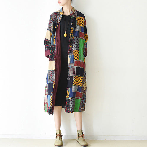 WW | Multicolor Patchwork Coat Plus Size O-Neck Cardigans WW | Batwing Sleeve Long Jackets