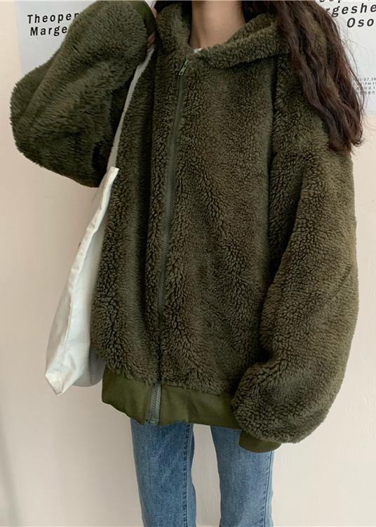 WW | oversized mid-length coat winter outerwear green hooded wool jackets